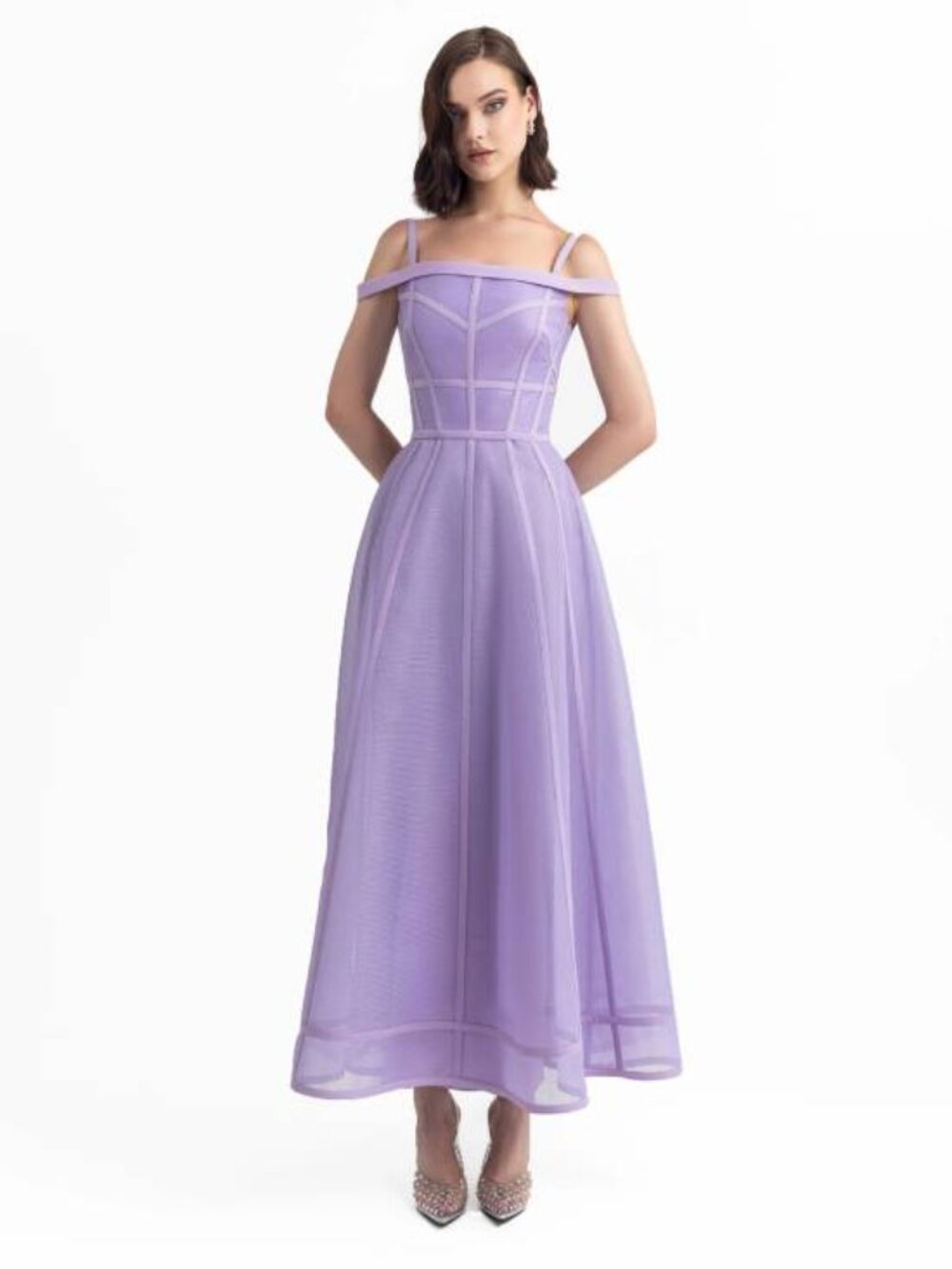Gemy Maalouf Princess Cut Mesh A-line Midi Dress Gown Purple Lavender